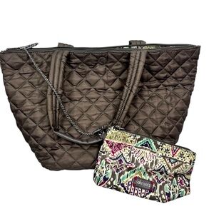 Sakroots Taupe Quilted 3 Large Lined Pocket Tote & Matching Change Card Wallet